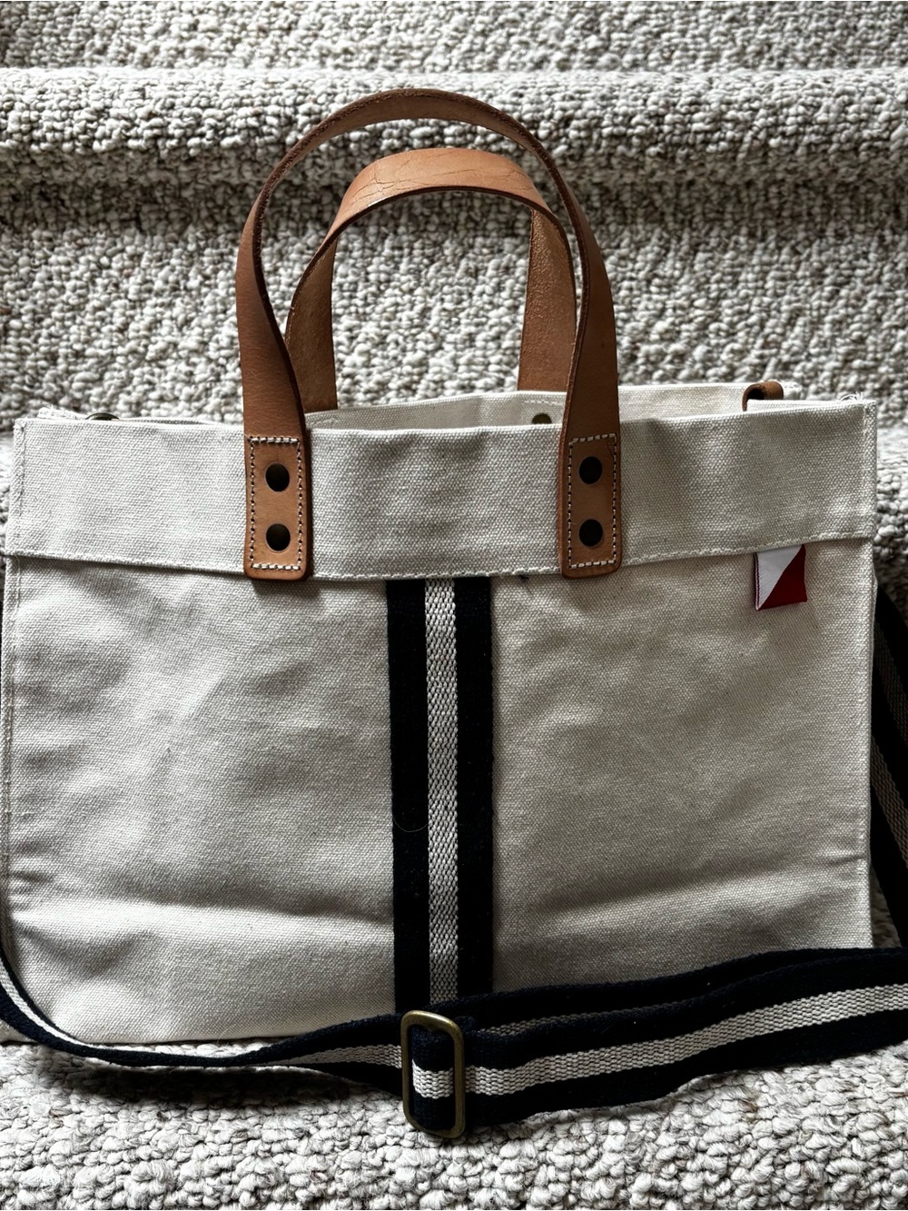 ShoreBags Canvas Tote Bag with Tan Leather Handles and Navy stripe